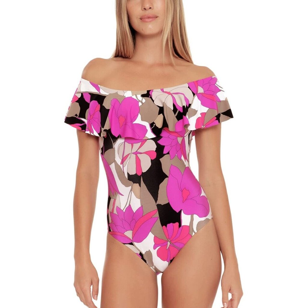 Trina Turk 6 8 10 12 Lynx Ruffle Off-The-Shoulder One Piece Swimsuit